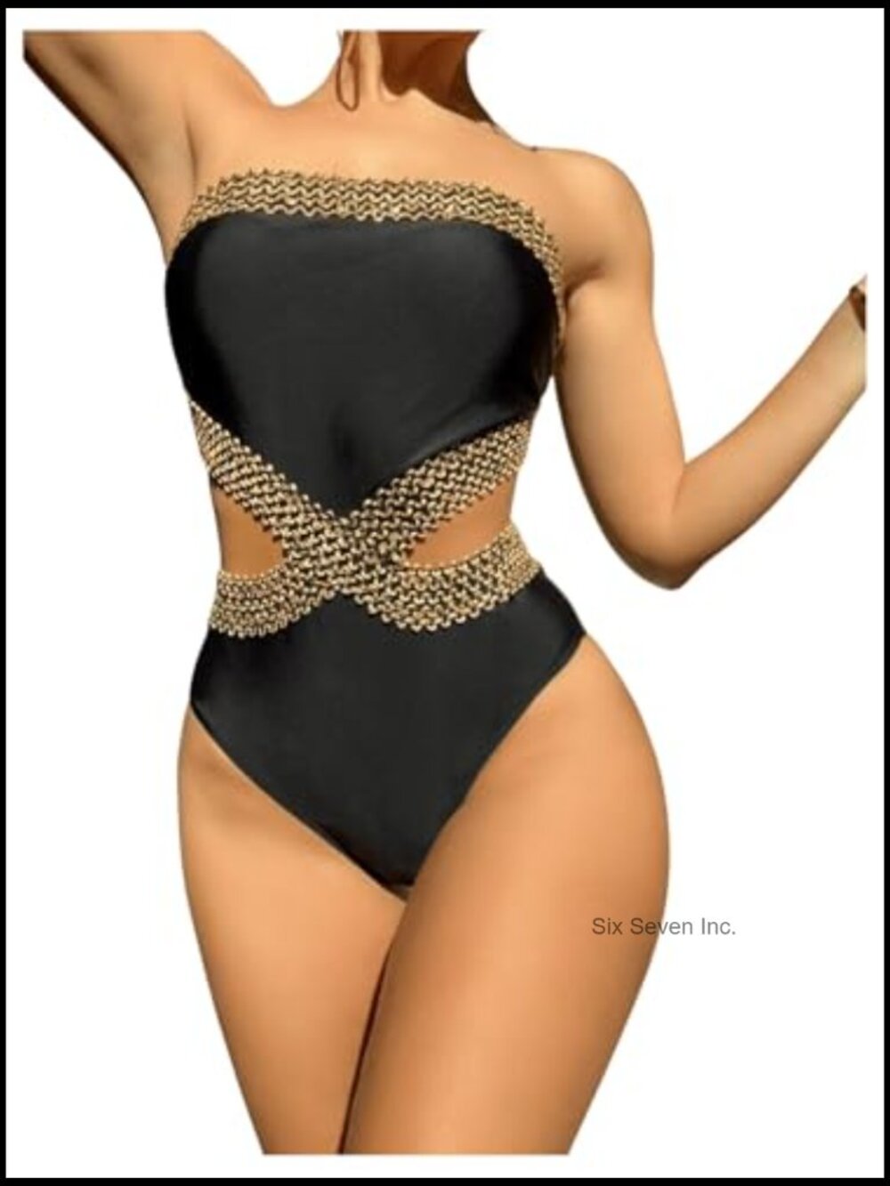 Stitch Detail Strapless Cut Out One Piece Swimsuit Bandeau Bathing Suit - Picture 2 of 5